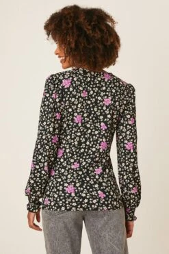 Dorothy Perkins Ditsy Shirred Cuff Long Sleeve Top -Clozurely Sales Store bqq09001 multi xl 2