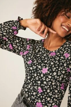 Dorothy Perkins Ditsy Shirred Cuff Long Sleeve Top -Clozurely Sales Store bqq09001 multi xl 3