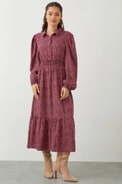Dorothy Perkins Petite Red Spot Shirred Waist Midi Shirt Dress