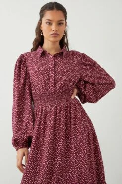 Dorothy Perkins Petite Red Spot Shirred Waist Midi Shirt Dress -Clozurely Sales Store bqq09013 red xl 4