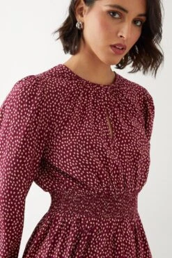 Dorothy Perkins Red Spot Shirred Waist Keyhole Midi Dress -Clozurely Sales Store bqq09014 red xl 3