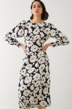 Dorothy Perkins Large Mono Floral Shirred Cuff Midi Dress