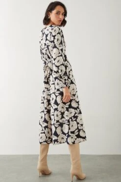 Dorothy Perkins Large Mono Floral Shirred Cuff Midi Dress -Clozurely Sales Store bqq09026 mono xl 2