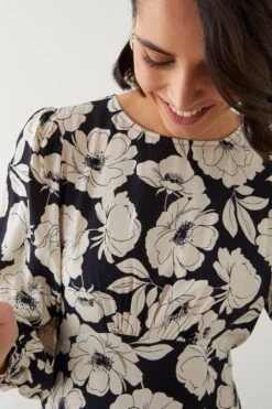 Dorothy Perkins Large Mono Floral Shirred Cuff Midi Dress -Clozurely Sales Store bqq09026 mono xl 3