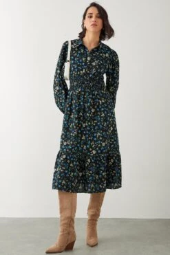 Dorothy Perkins Ditsy Floral Shirred Waist Midi Shirt Dress