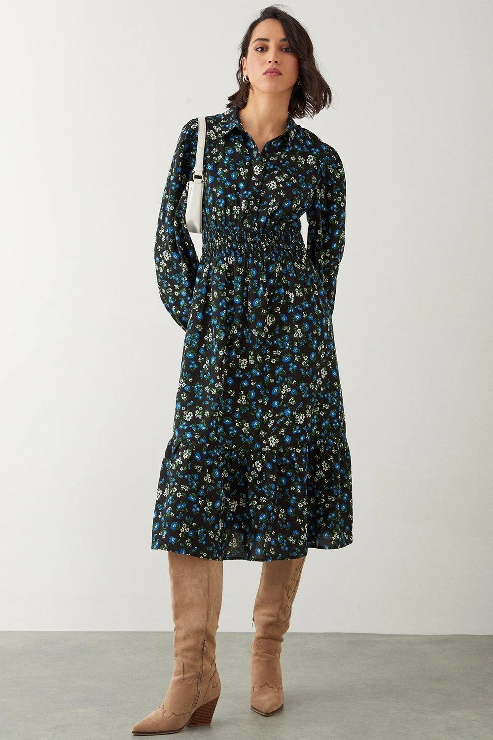 Dorothy Perkins Ditsy Floral Shirred Waist Midi Shirt Dress 1 Dorothy Perkins Ditsy Floral Shirred Waist Midi Shirt Dress