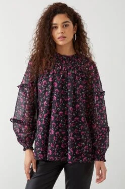 Dorothy Perkins Tall Pink Floral Shirred Yoke Blouse