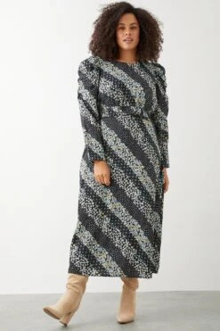 Dorothy Perkins Curve Blue Floral Ruffle Empire Seam Long Sleeve Midi Dress