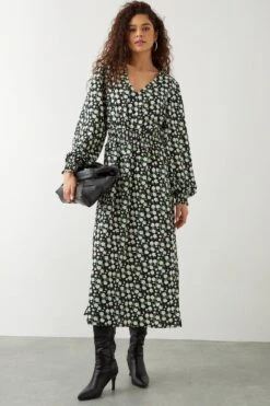 Dorothy Perkins Tall Mono Ditsy Shirred Waist Midi Dress