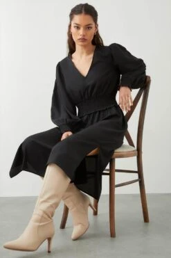 Dorothy Perkins Petite Black Shirred Waist Midi Dress