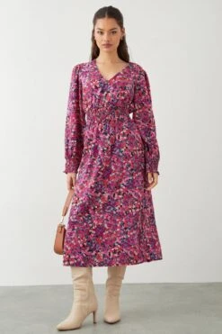 Dorothy Perkins Petite Pink Ditsy Shirred Waist Midi Dress