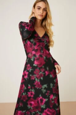 Dorothy Perkins Blurred Floral Ruched Front Midi Dress -Clozurely Sales Store bqq09231 black xl 4