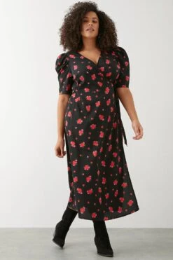 Dorothy Perkins Curve Black Floral Wrap Midi Dress