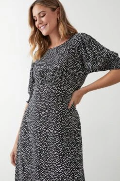 Dorothy Perkins Mono Spot Shirred Cuff Midi Dress