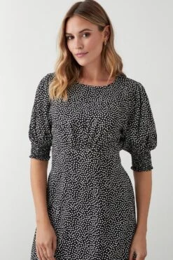 Dorothy Perkins Mono Spot Shirred Cuff Midi Dress -Clozurely Sales Store bqq09283 mono xl 4
