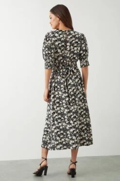 Dorothy Perkins Petite Mono Floral Shirred Cuff Midi Dress -Clozurely Sales Store bqq09287 mono xl 2