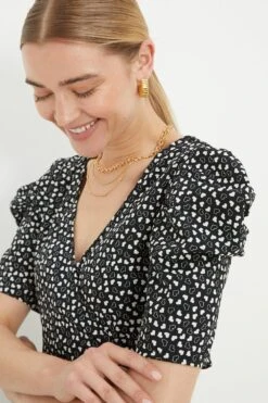 Dorothy Perkins Heart Print Puff Sleeve Wrap Midi Dress -Clozurely Sales Store bqq09295 mono xl 2