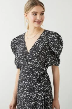 Dorothy Perkins Heart Print Puff Sleeve Wrap Midi Dress -Clozurely Sales Store bqq09295 mono xl 4