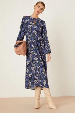 Dorothy Perkins Petite Blue Floral Keyhole Midi Dress