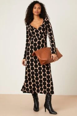 Dorothy Perkins Camel Spot Long Sleeve Wrap Midi Dress