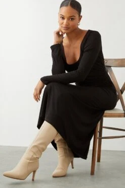 Dorothy Perkins Scoop Neck Long Sleeve Ruched Midi Dress