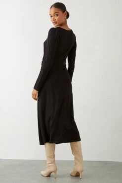 Dorothy Perkins Scoop Neck Long Sleeve Ruched Midi Dress -Clozurely Sales Store bqq09320 black xl 2