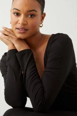 Dorothy Perkins Scoop Neck Long Sleeve Ruched Midi Dress -Clozurely Sales Store bqq09320 black xl 3