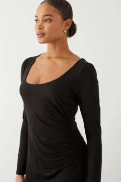 Dorothy Perkins Scoop Neck Long Sleeve Ruched Midi Dress -Clozurely Sales Store bqq09320 black xl 4