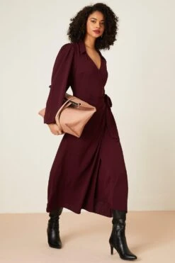 Dorothy Perkins Berry Long Sleeve Wrap Collar Midi Dress