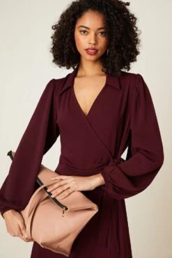 Dorothy Perkins Berry Long Sleeve Wrap Collar Midi Dress 9 Dorothy Perkins Berry Long Sleeve Wrap Collar Midi Dress -Clozurely Sales Store bqq09322 berry xl 4