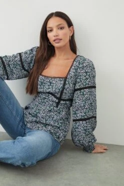 Dorothy Perkins Tall Blue Ditsy Lace Trim Blouse