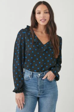 Dorothy Perkins Tall Blue Spot Frill Neck Blouse