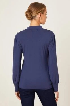 Dorothy Perkins Button Detail Long Sleeve Top -Clozurely Sales Store bqq09482 navy xl 2