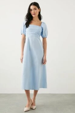 Dorothy Perkins Petite Blue Poplin Ruched Midi Dress