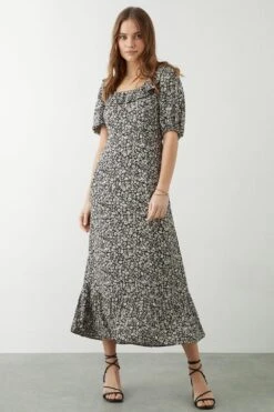 Dorothy Perkins Mono Ditsy Ruffle Front Midi Dress