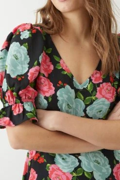 Dorothy Perkins Large Floral V Neck Midi Dress -Clozurely Sales Store bqq09659 black xl 3