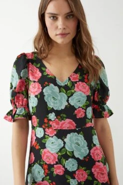 Dorothy Perkins Large Floral V Neck Midi Dress -Clozurely Sales Store bqq09659 black xl 4
