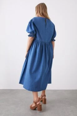 Dorothy Perkins Curve V Neck Denim Shirred Midi Dress -Clozurely Sales Store bqq09691 mid20wash xl 2