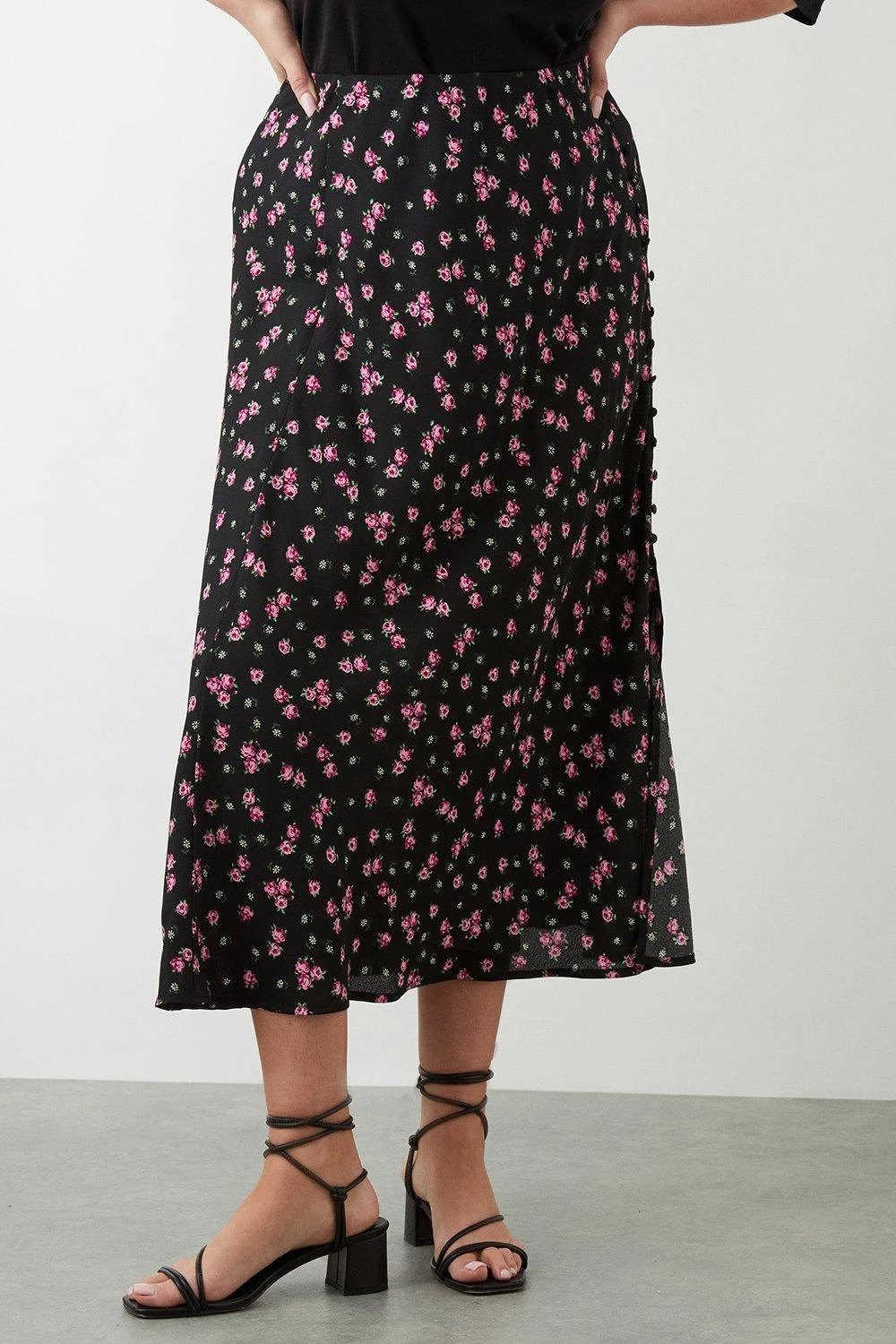 Dorothy Perkins Curve Black Floral Split Midi Skirt 1 Dorothy Perkins Curve Black Floral Split Midi Skirt