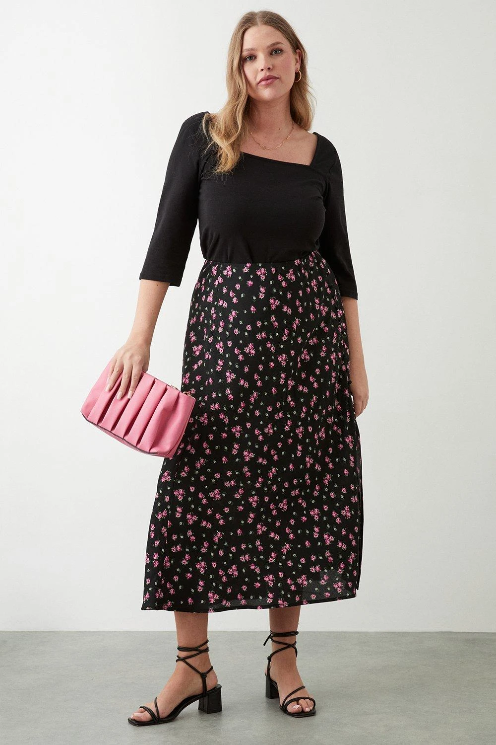 Dorothy Perkins Curve Black Floral Split Midi Skirt 2 Dorothy Perkins Curve Black Floral Split Midi Skirt - Image 2
