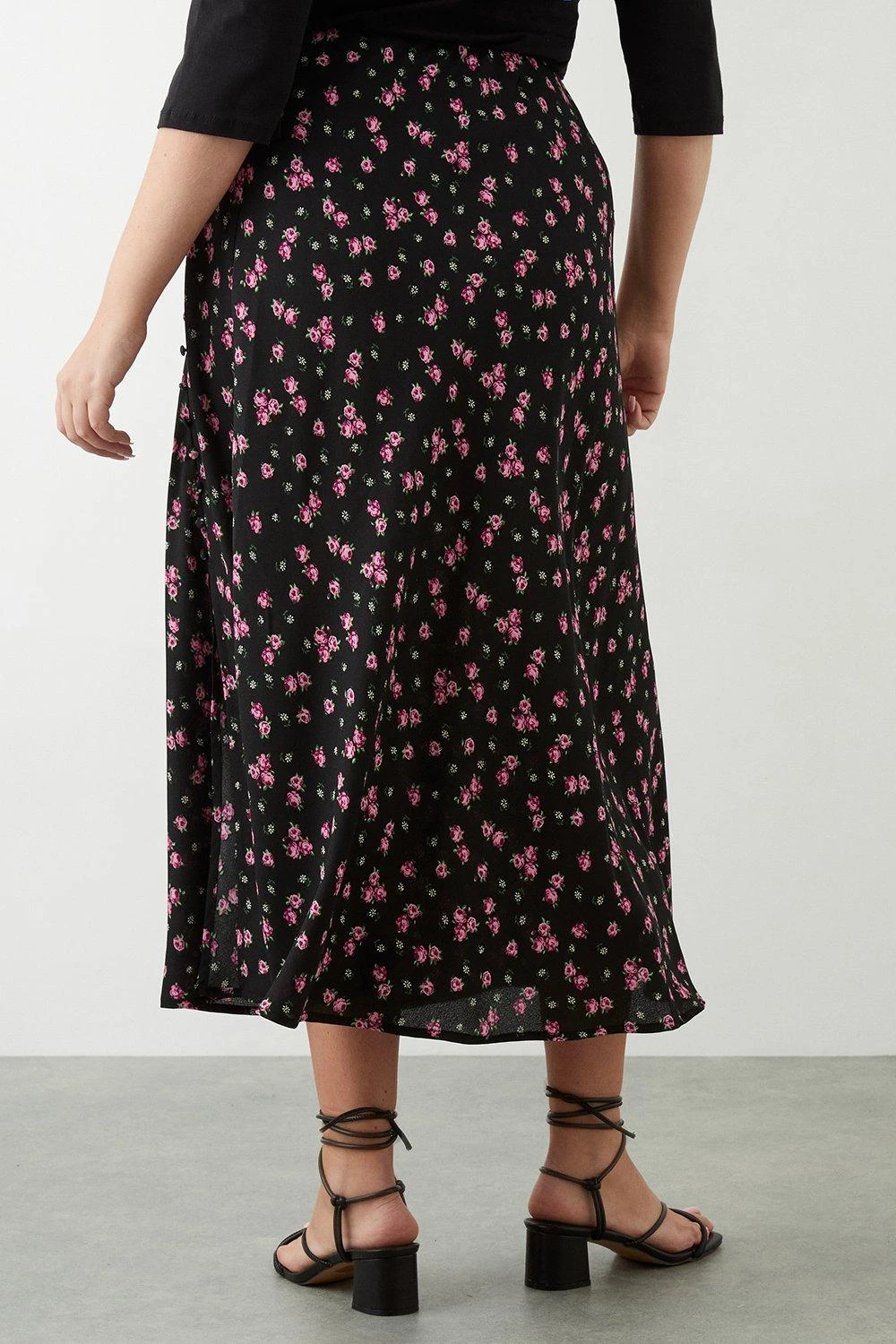 Dorothy Perkins Curve Black Floral Split Midi Skirt 3 Dorothy Perkins Curve Black Floral Split Midi Skirt - Image 3