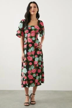 Dorothy Perkins Petite Large Floral Flutter Sleeve Midi Dress