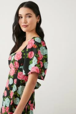 Dorothy Perkins Petite Large Floral Flutter Sleeve Midi Dress -Clozurely Sales Store bqq09726 black xl 3
