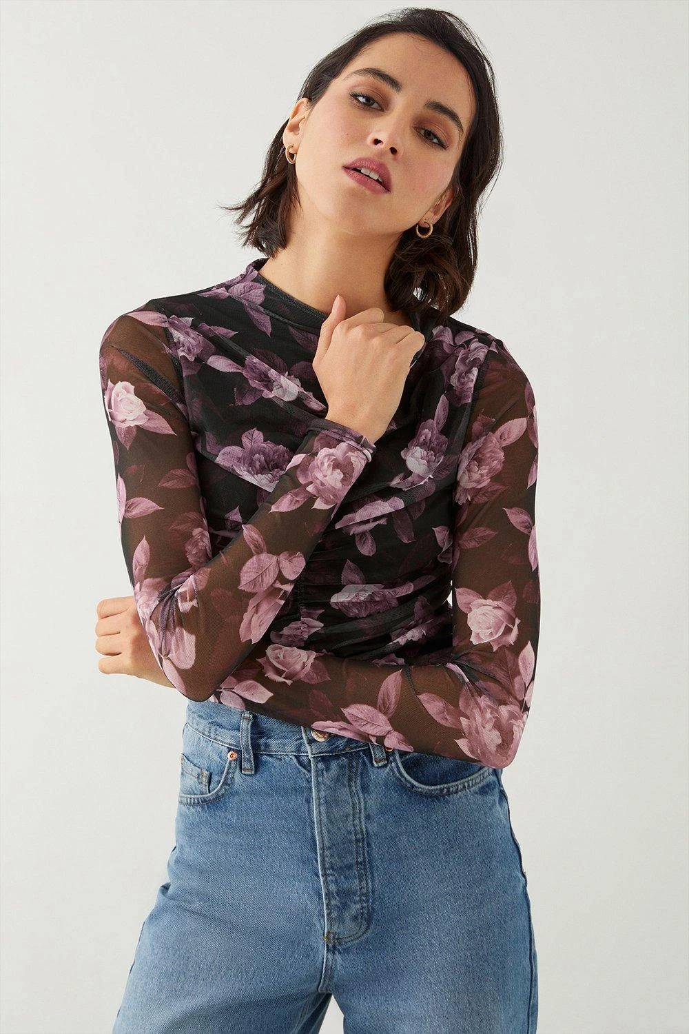 Dorothy Perkins Tall Floral Mesh Ruched Body Crew Neck Top 1 Dorothy Perkins Tall Floral Mesh Ruched Body Crew Neck Top