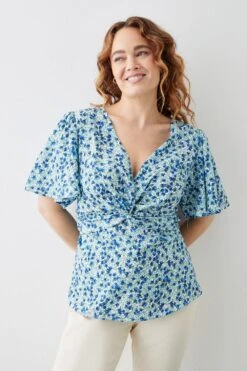 Dorothy Perkins Curve Blue Rose Twist Front Blouse