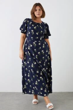 Dorothy Perkins Curve Navy Daisy Shirred Empire Midi Dress