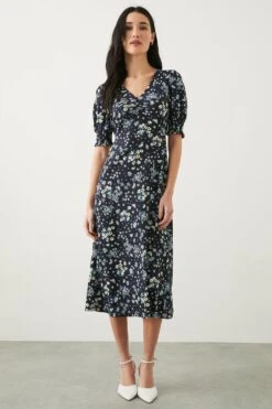 Dorothy Perkins Petite Navy Ditsy Shirred Cuff Midi Dress