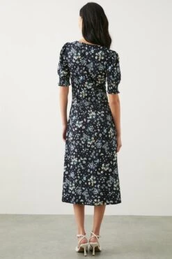 Dorothy Perkins Petite Navy Ditsy Shirred Cuff Midi Dress -Clozurely Sales Store bqq10004 blue xl 2