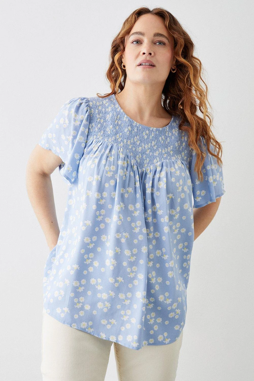 Dorothy Perkins Curve Blue Floral Shirred Yoke Blouse 1 Dorothy Perkins Curve Blue Floral Shirred Yoke Blouse