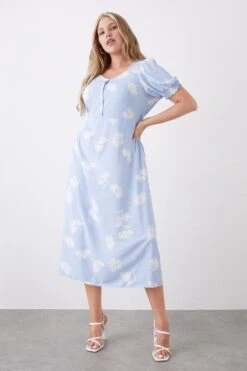 Dorothy Perkins Curve Blue Spaced Floral Button Front Midi Dress